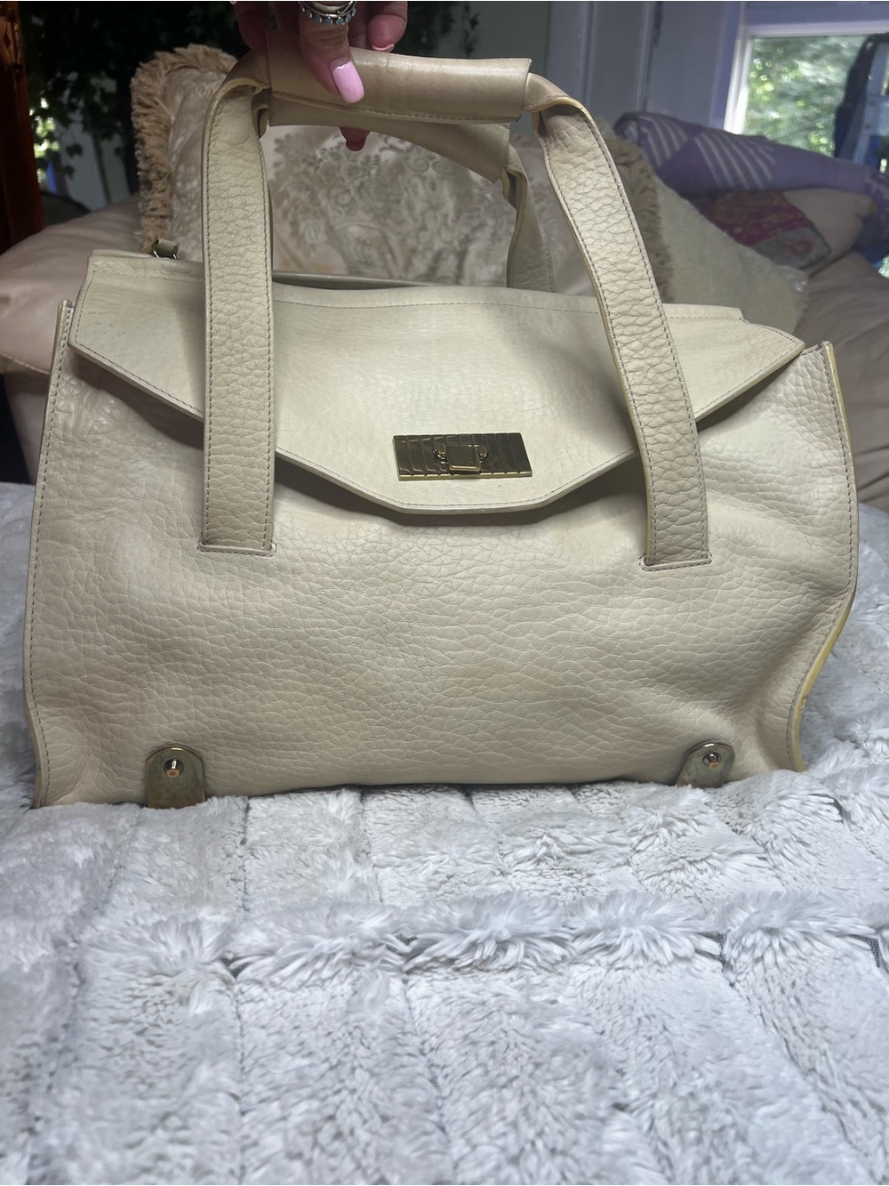 Authentic Chloé Pollen Satchel Cream Pebbled Leather Gold Hardware COA